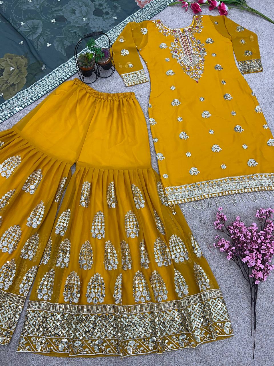 Yellow Top Sharara Suit With Embroidery and Sequence Work With Dupatta