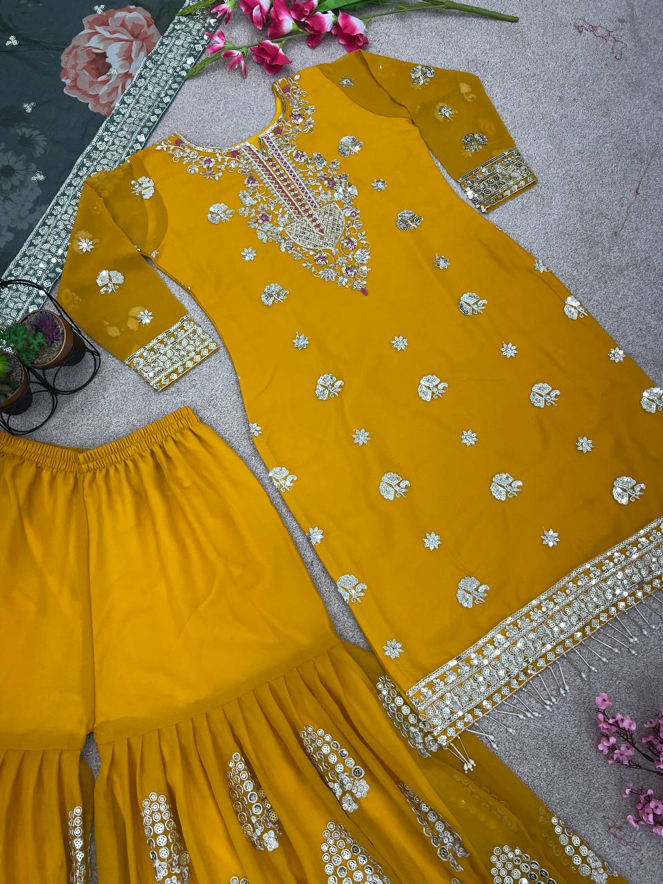 Yellow Top Sharara Suit With Embroidery and Sequence Work With Dupatta