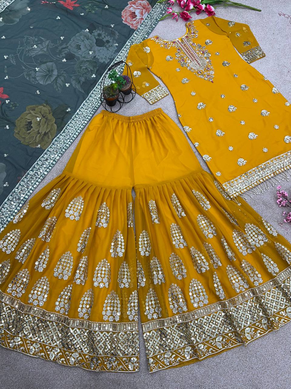 Yellow Top Sharara Suit With Embroidery and Sequence Work With Dupatta