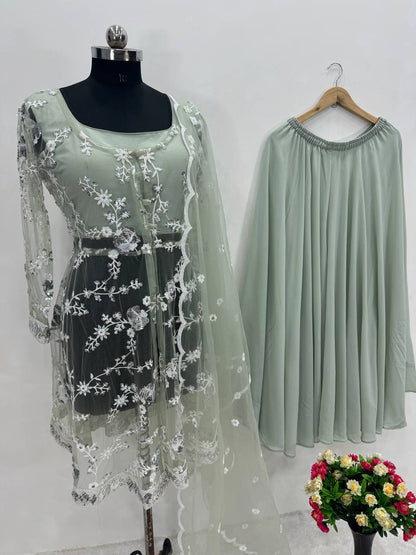 Pista Green Chiffon Georgette Crop Top Sharara with Jacket