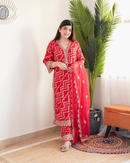 HEER RED PANT SUIT WITH ORGANZA DUPATTA