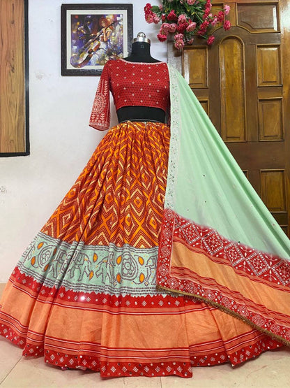 Navaratri Special Exclusive Pista-Red Heavy Butter Silk Printed Lehenga Choli With Dupatta