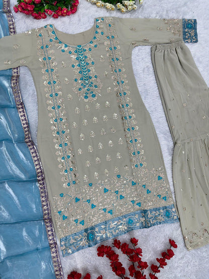 NEW DESIGNER HEAVY FUAX GEORGETTE SHARARA SUIT SET