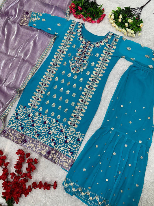 Stylish Sky Blue Color Sequence Work Sharara Suit