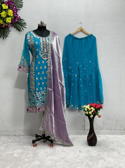 Stylish Sky Blue Color Sequence Work Sharara Suit