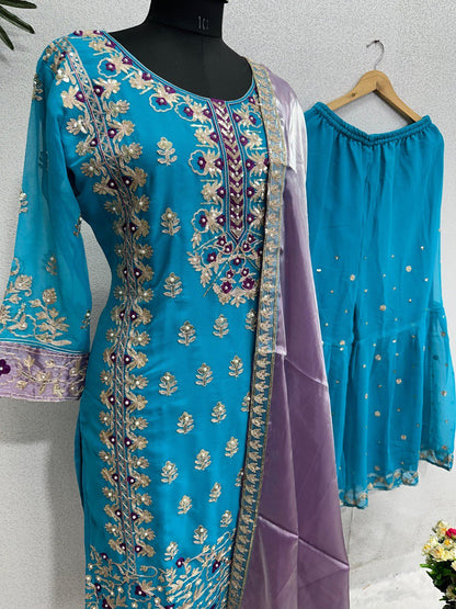 Stylish Sky Blue Color Sequence Work Sharara Suit