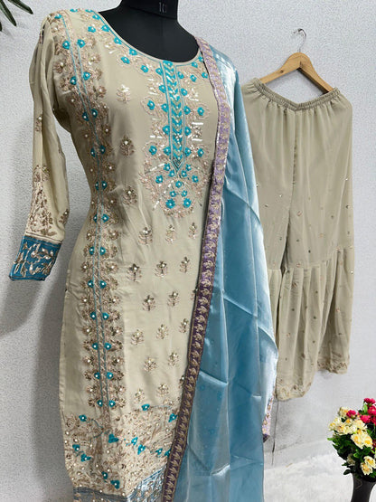 NEW DESIGNER HEAVY FUAX GEORGETTE SHARARA SUIT SET