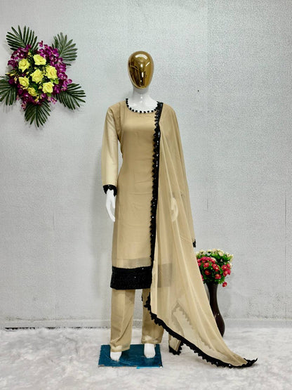 Cream Faux Georgette Embroidery Work Straight Suit