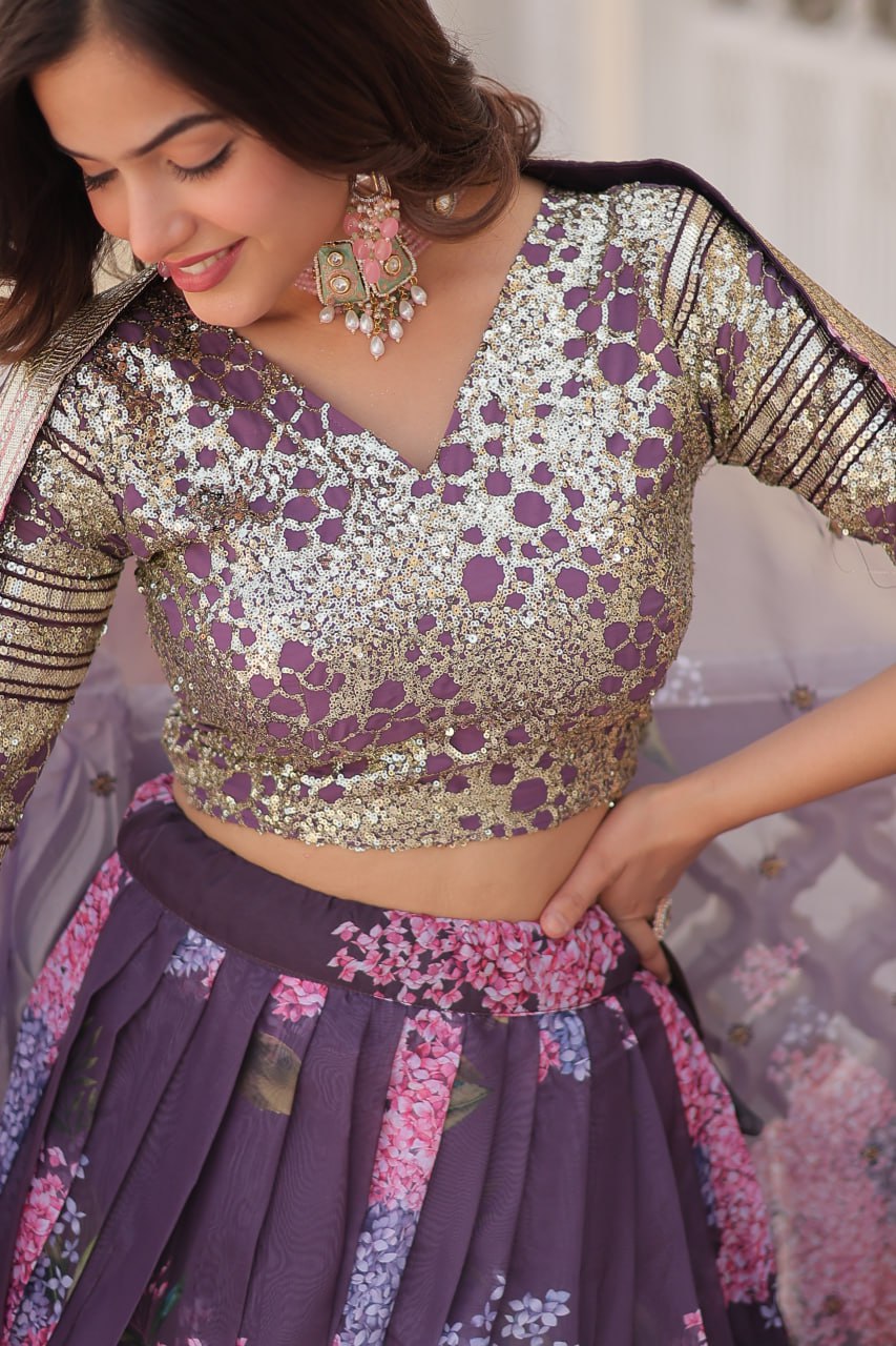 Lavender Sequined Embroidered Faux Georgette Lehenga Choli