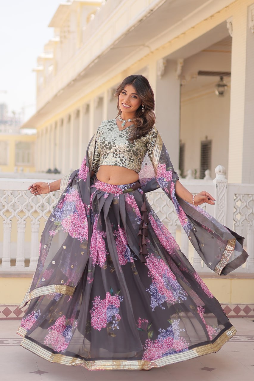 Lavender Sequined Embroidered Faux Georgette Lehenga Choli