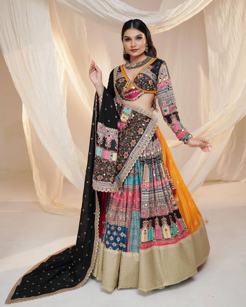 Black And Multicolor Most Trending Heavy Flair Navratri Chaniya Choli