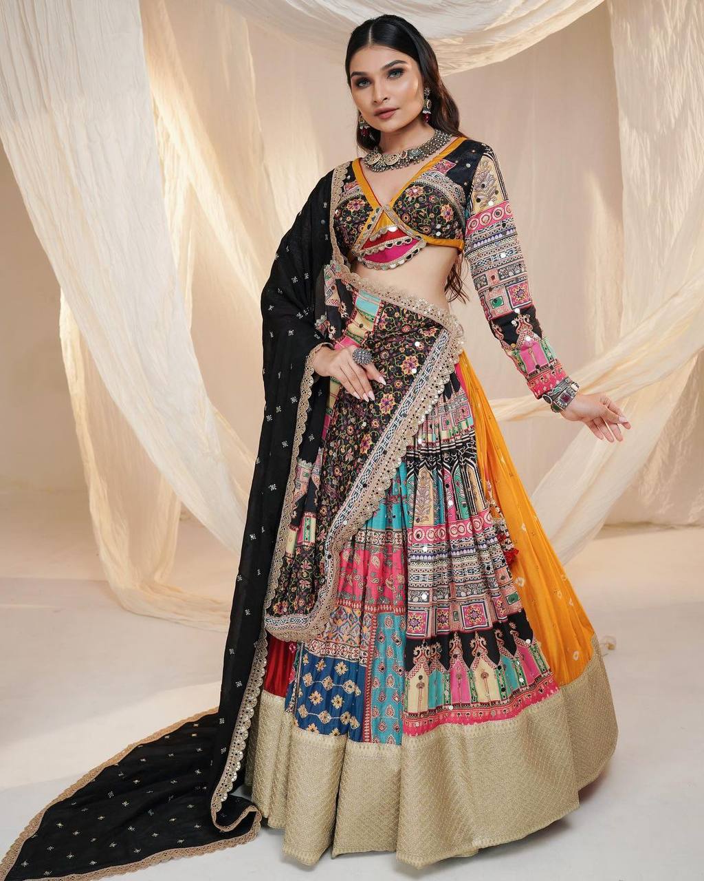 Black And Multicolor Most Trending Heavy Flair Navratri Chaniya Choli