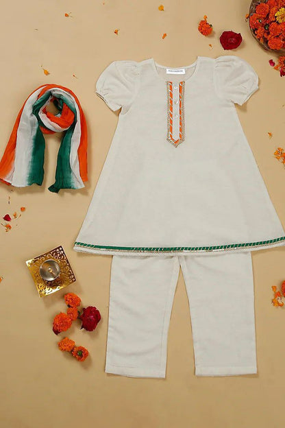 Girls Cotton Half Sleeves Flag Design Kurti in White Color