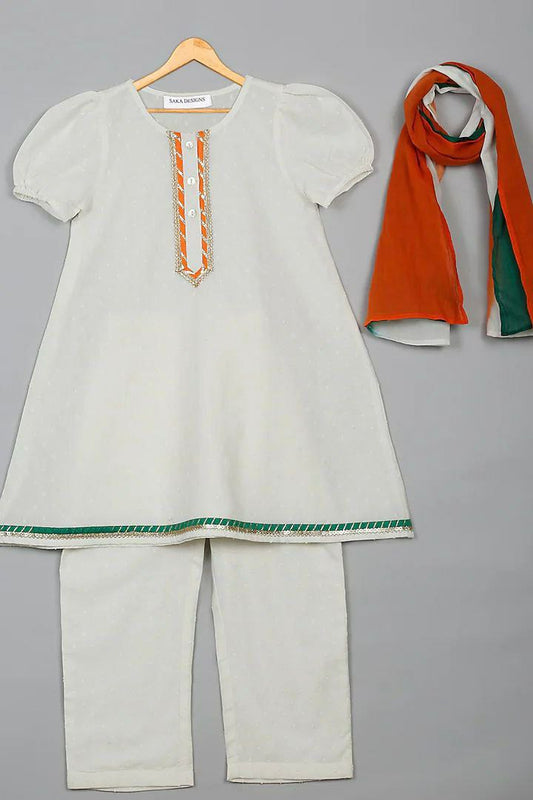 Girls Cotton Half Sleeves Flag Design Kurti in White Color