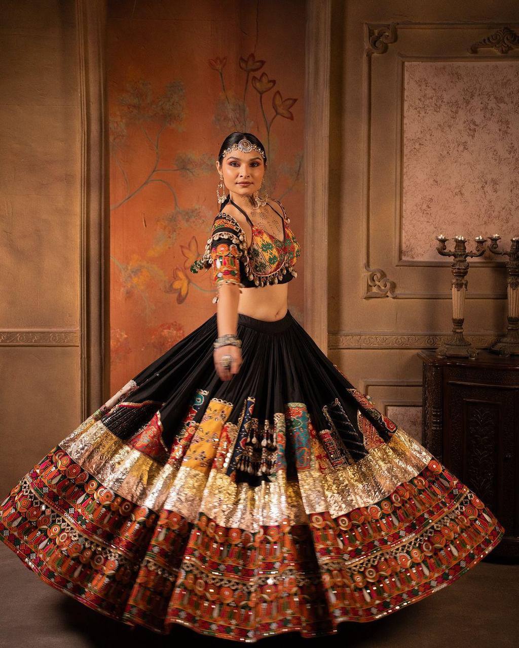 Black Color Digital Printed Mirror Work Heavy Navratri Chaniya Choli