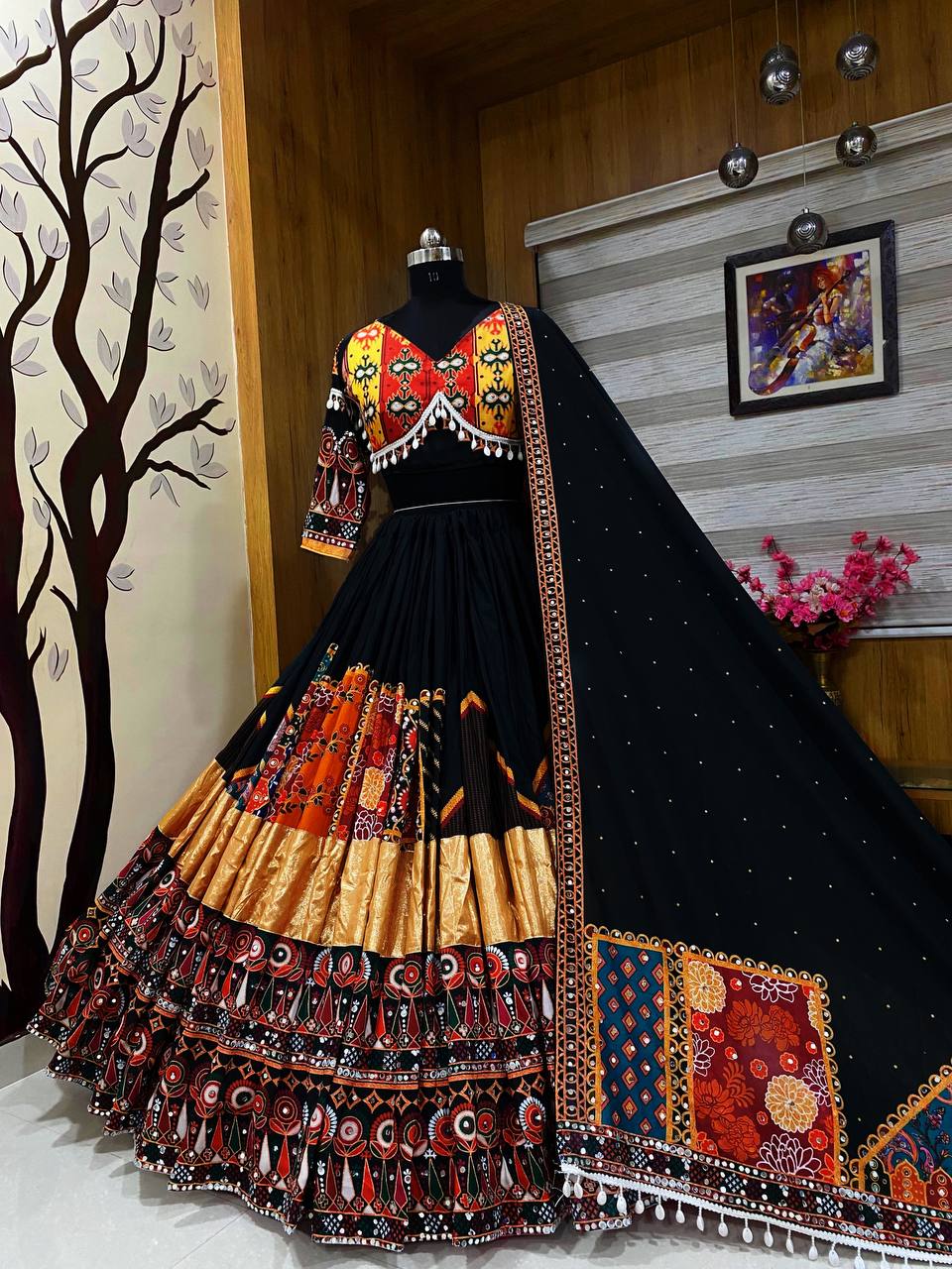 Black Color Digital Printed Mirror Work Heavy Navratri Chaniya Choli