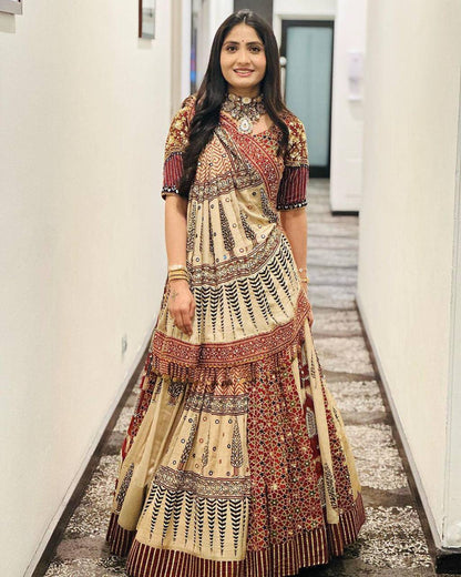 Beige cotton print mirror work navratri lehenga choli