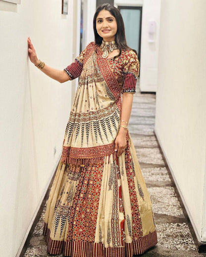 Beige cotton print mirror work navratri lehenga choli