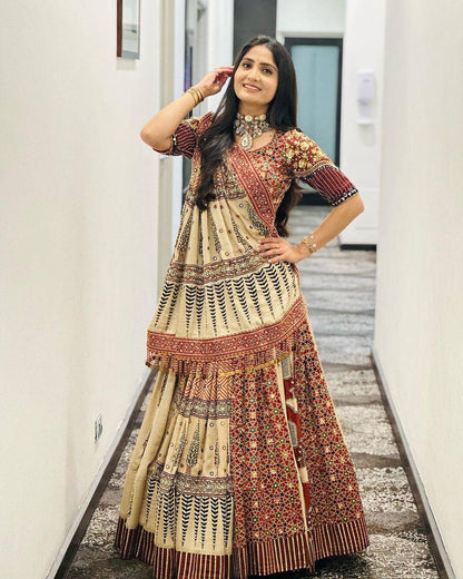 Beige cotton print mirror work navratri lehenga choli