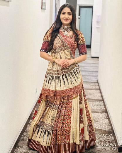 Beige cotton print mirror work navratri lehenga choli