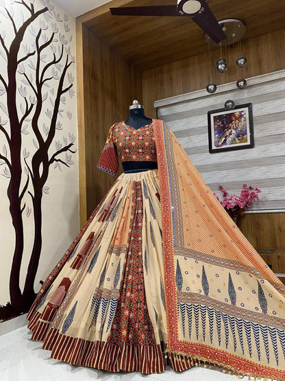 Beige cotton print mirror work navratri lehenga choli