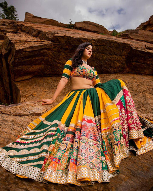 Green yellow cotton mirror work navratri lehenga chaniya choli