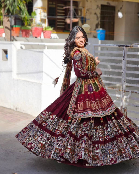 Red Color Mirror Work Digital Printed Cotton Navratri Special Lehenga Choli