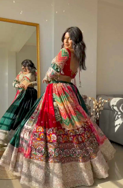 Green-Red Color Cotton Digital Printed Mirror Work Navratri Lehenga Set