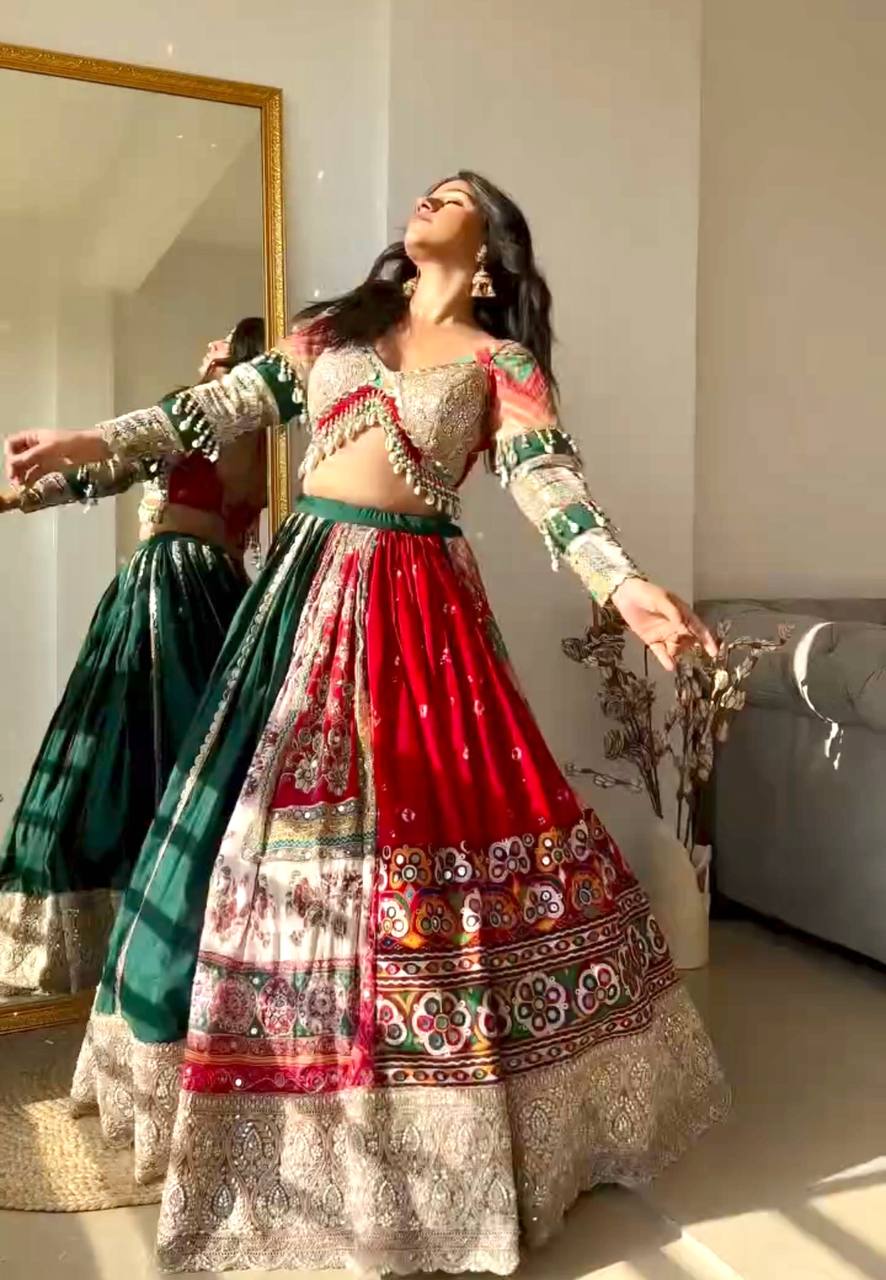 Green-Red Color Cotton Digital Printed Mirror Work Navratri Lehenga Set