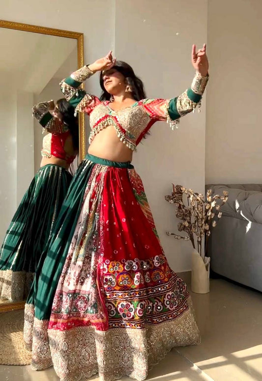 Green-Red Color Cotton Digital Printed Mirror Work Navratri Lehenga Set