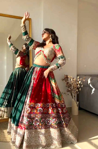 Green-Red Color Cotton Digital Printed Mirror Work Navratri Lehenga Set