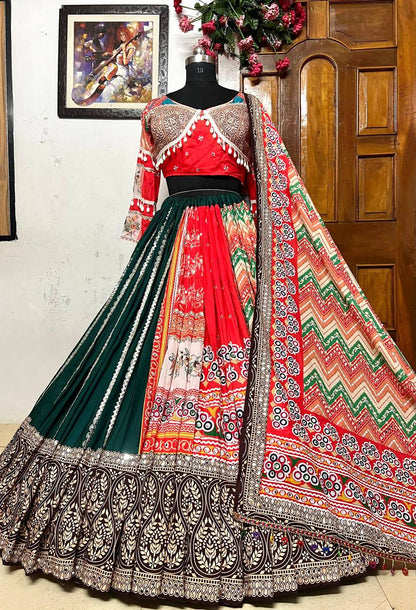 Green-Red Color Cotton Digital Printed Mirror Work Navratri Lehenga Set