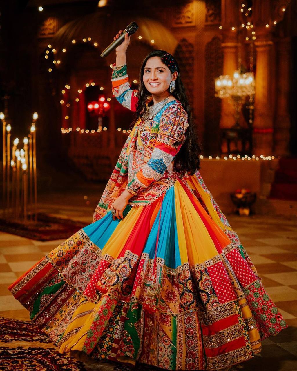 Multicolor mirror work navratri garba lehenga chaniya choli