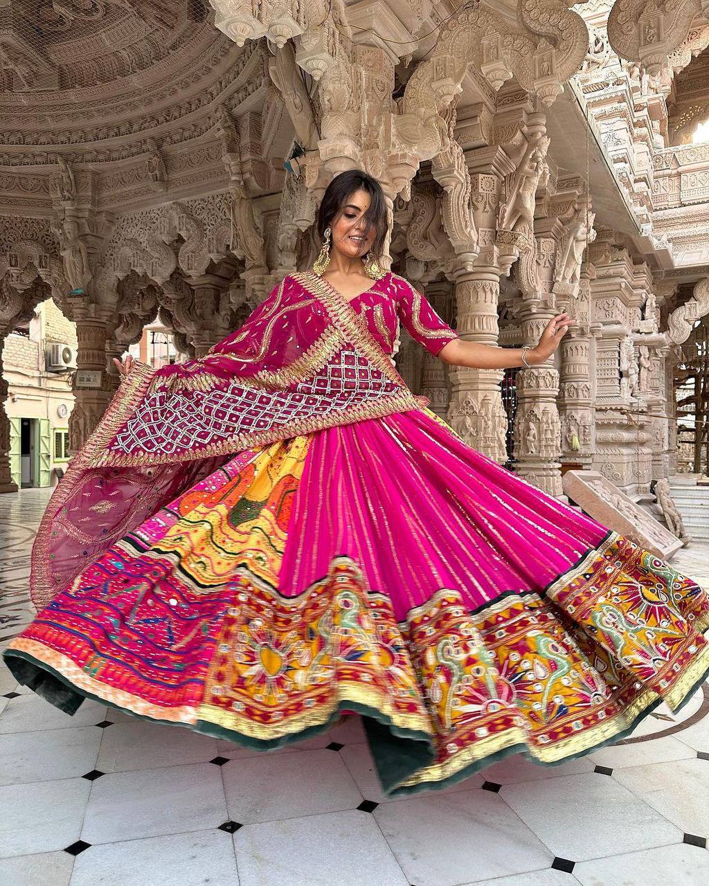 Pink Color Digital Printed Mirror Work Navratri Designer Lehenga Choli