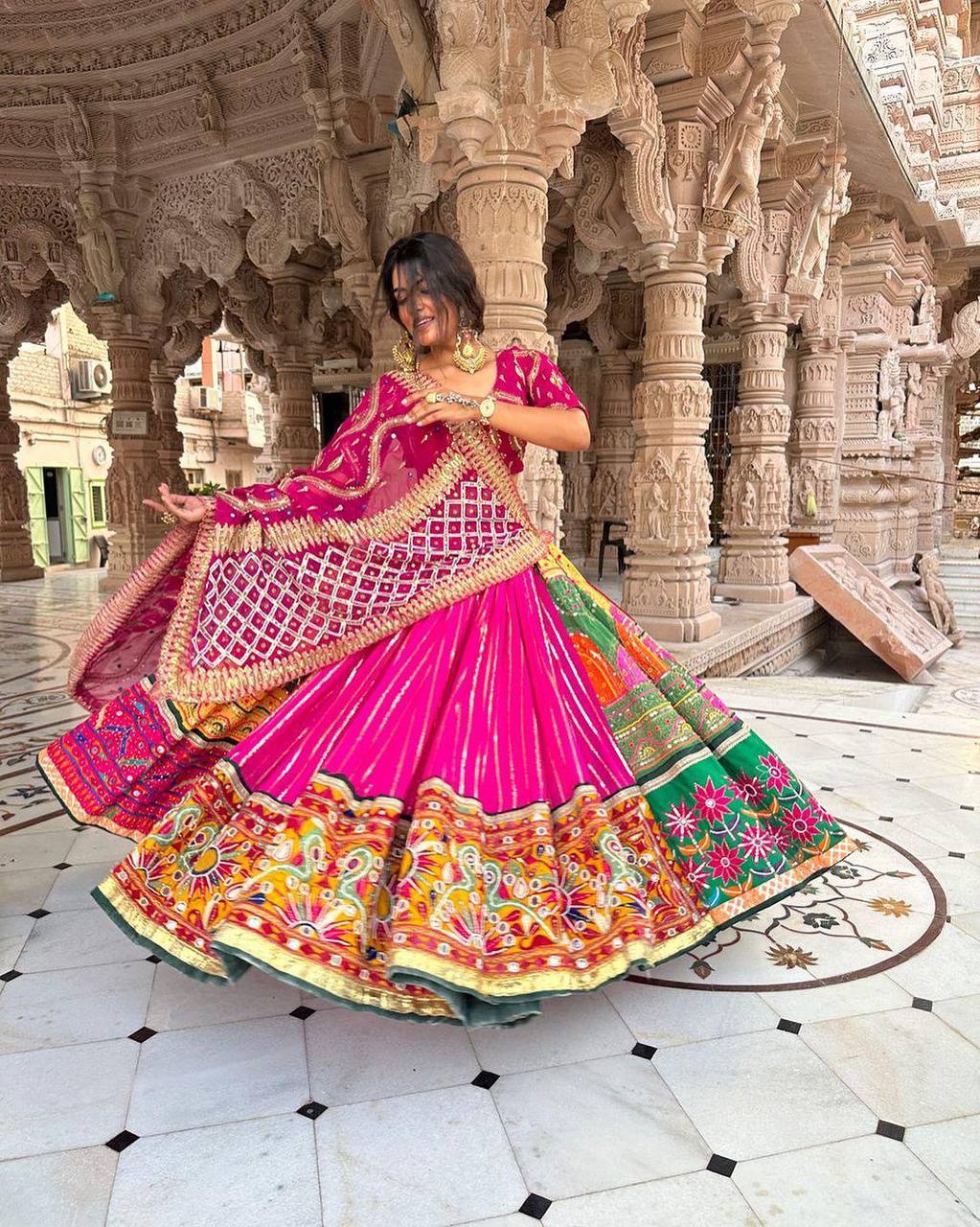 Pink Color Digital Printed Mirror Work Navratri Designer Lehenga Choli