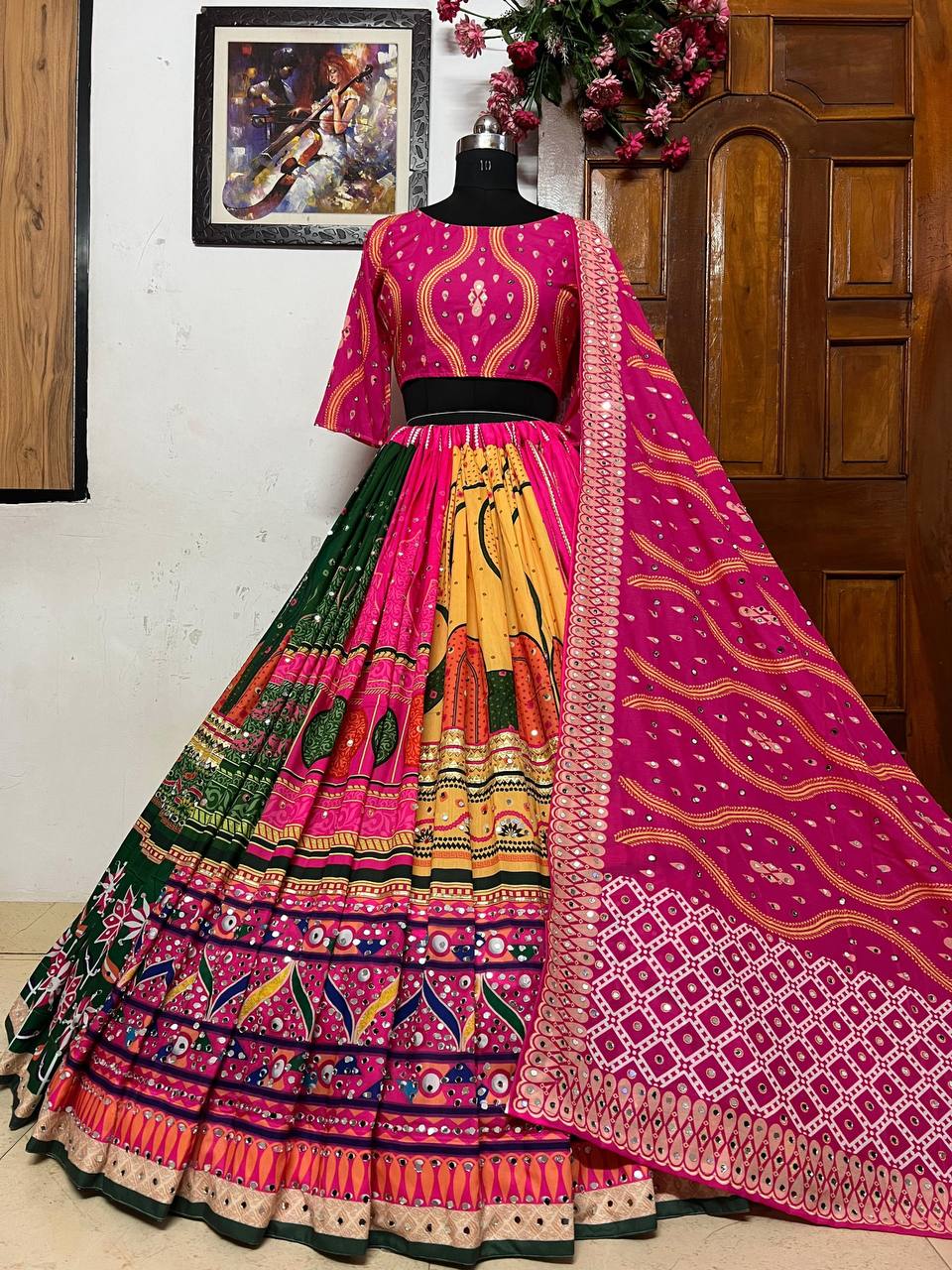 Pink Color Digital Printed Mirror Work Navratri Designer Lehenga Choli