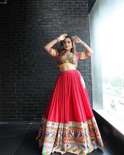 Red Color Digital Printed Mirror Work Cotton Navratri Lehenga Choli