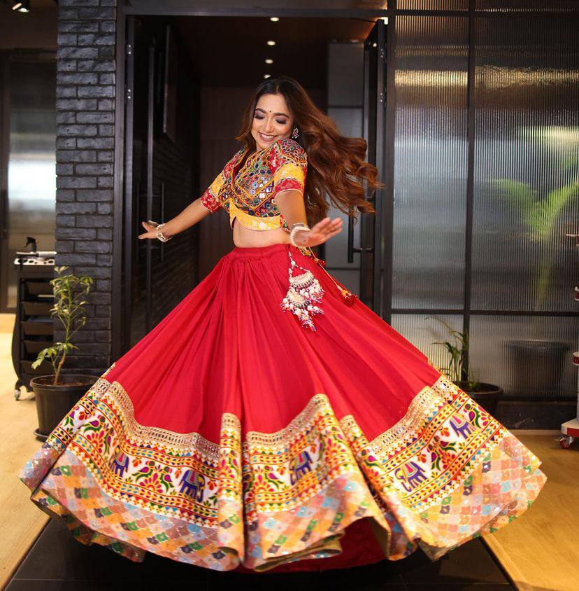 Red Color Digital Printed Mirror Work Cotton Navratri Lehenga Choli