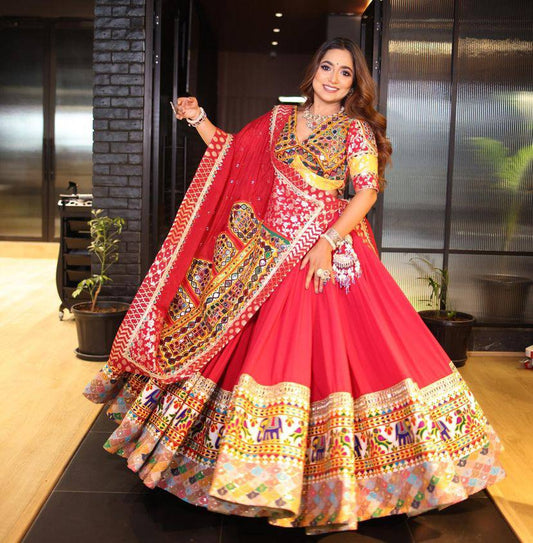 Red Color Digital Printed Mirror Work Cotton Navratri Lehenga Choli