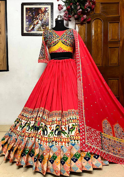 Red Color Digital Printed Mirror Work Cotton Navratri Lehenga Choli