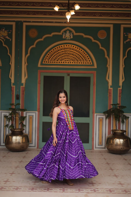 PURPLE COLOR CHINON LAHERIYA PRINT NAVRATRI GOWN