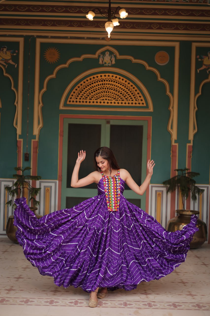 PURPLE COLOR CHINON LAHERIYA PRINT NAVRATRI GOWN