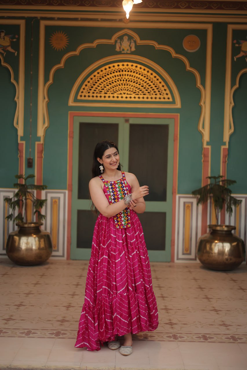 RANI PINK COLOR CHINON LAHERIYA PRINT NAVRATRI GOWN