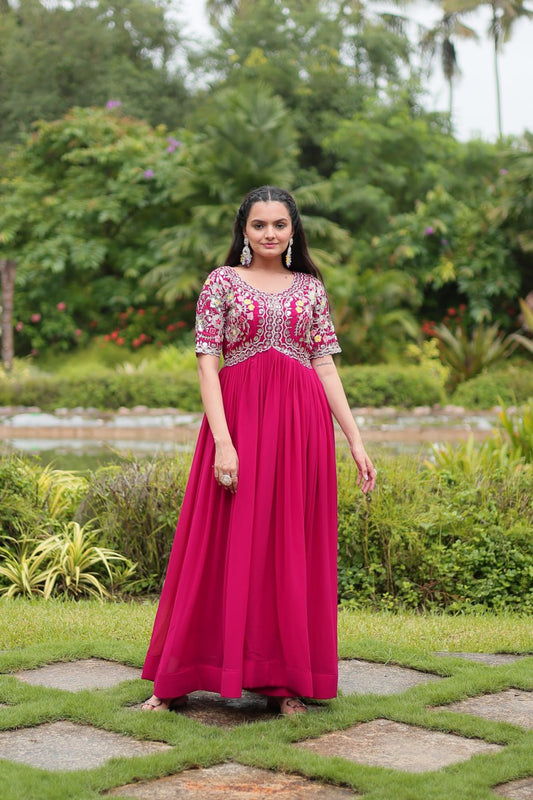 RANI PINK COLOR FAUX BLOOMING EMBROIDERED GOWN