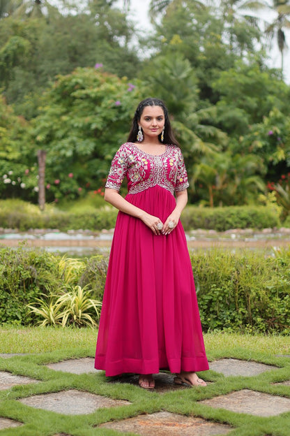 RANI PINK COLOR FAUX BLOOMING EMBROIDERED GOWN