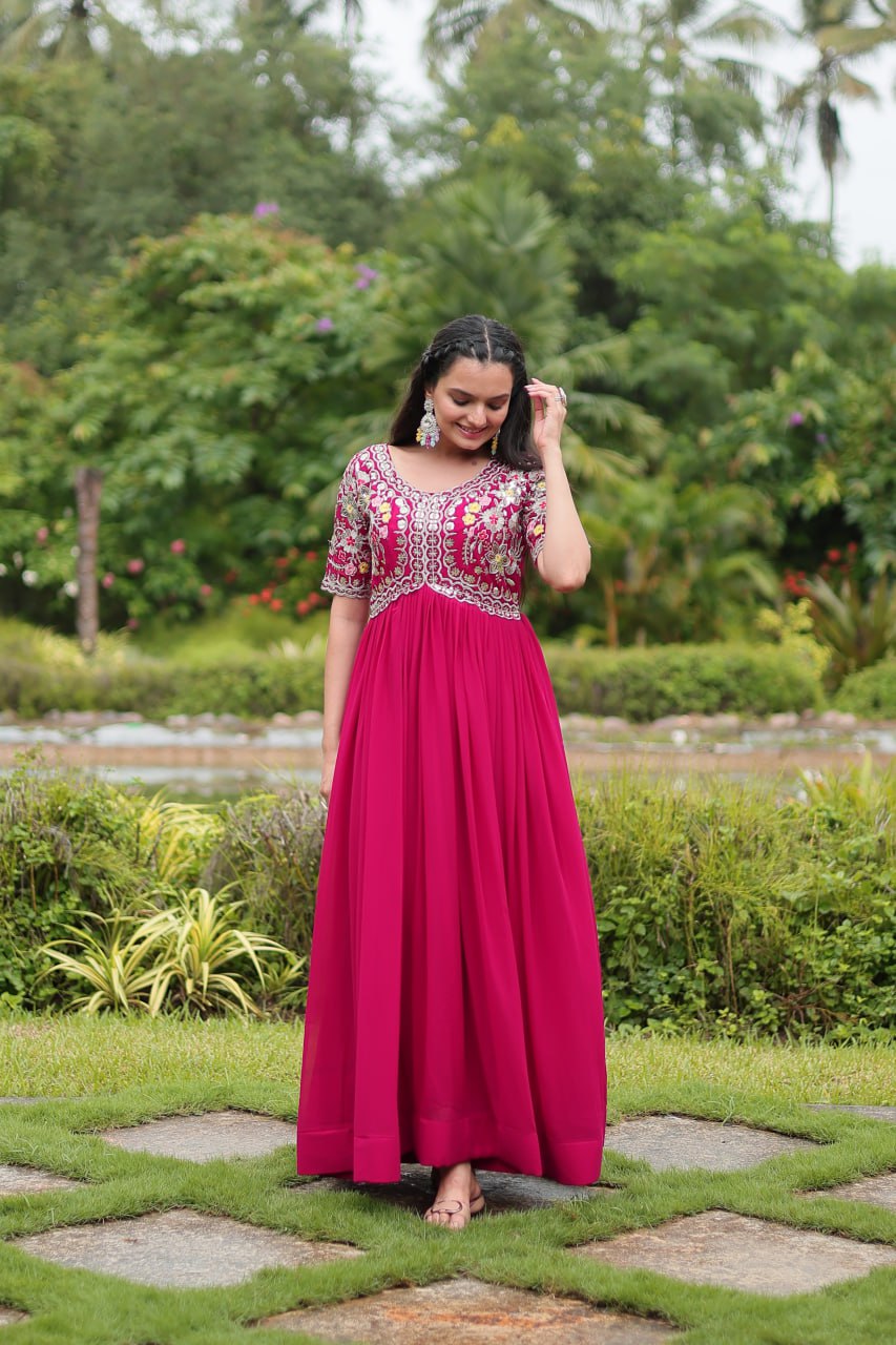 RANI PINK COLOR FAUX BLOOMING EMBROIDERED GOWN