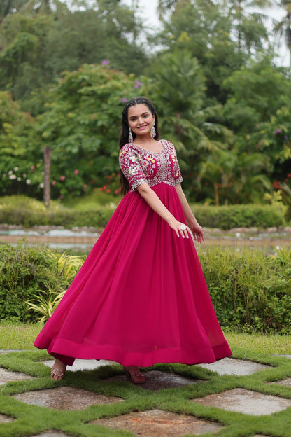 RANI PINK COLOR FAUX BLOOMING EMBROIDERED GOWN