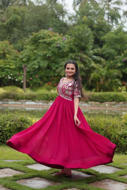 RANI PINK COLOR FAUX BLOOMING EMBROIDERED GOWN