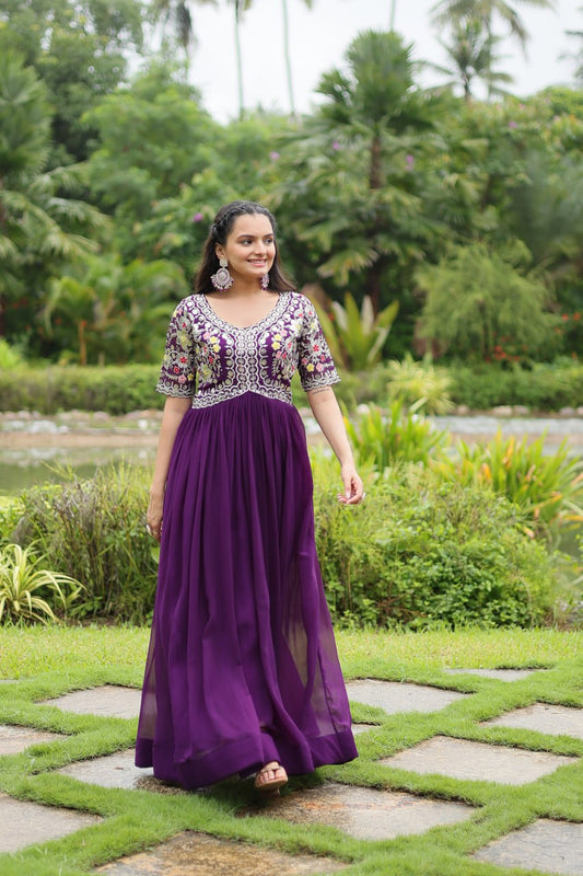 PURPLE COLOR FAUX BLOOMING EMBROIDERED GOWN