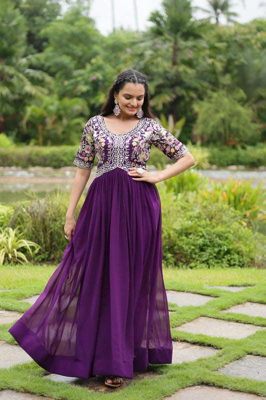 PURPLE COLOR FAUX BLOOMING EMBROIDERED GOWN